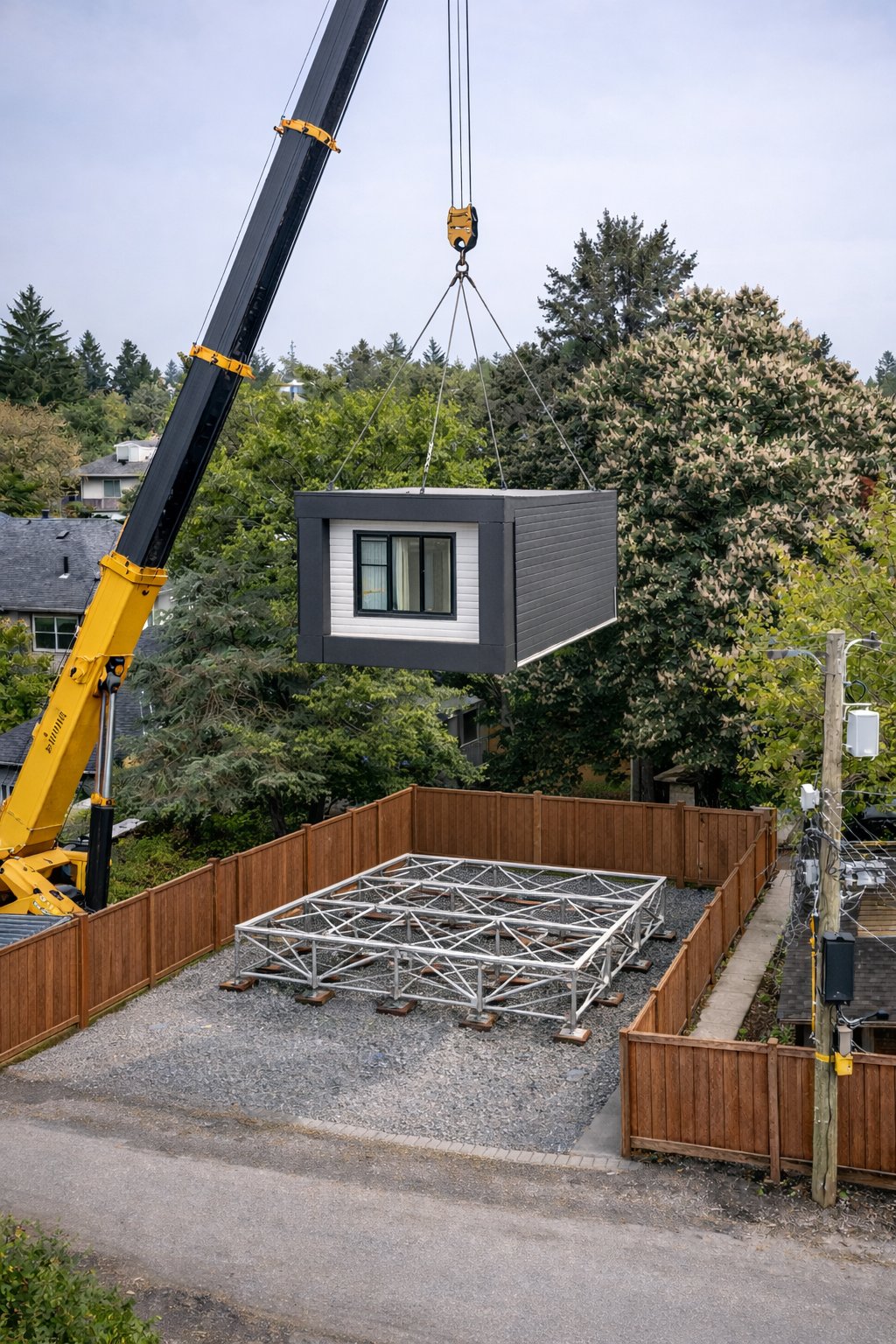 Aerial view of relocatable duplex being installed in Vancouver neighbourhood with crane lifting modular unit