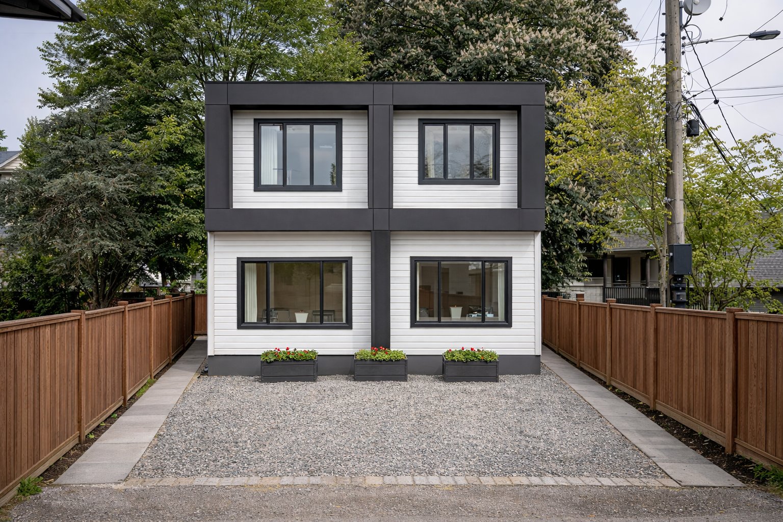 Relocatable micro-duplex showing mirrored 2-level layout with white siding and dark accents
