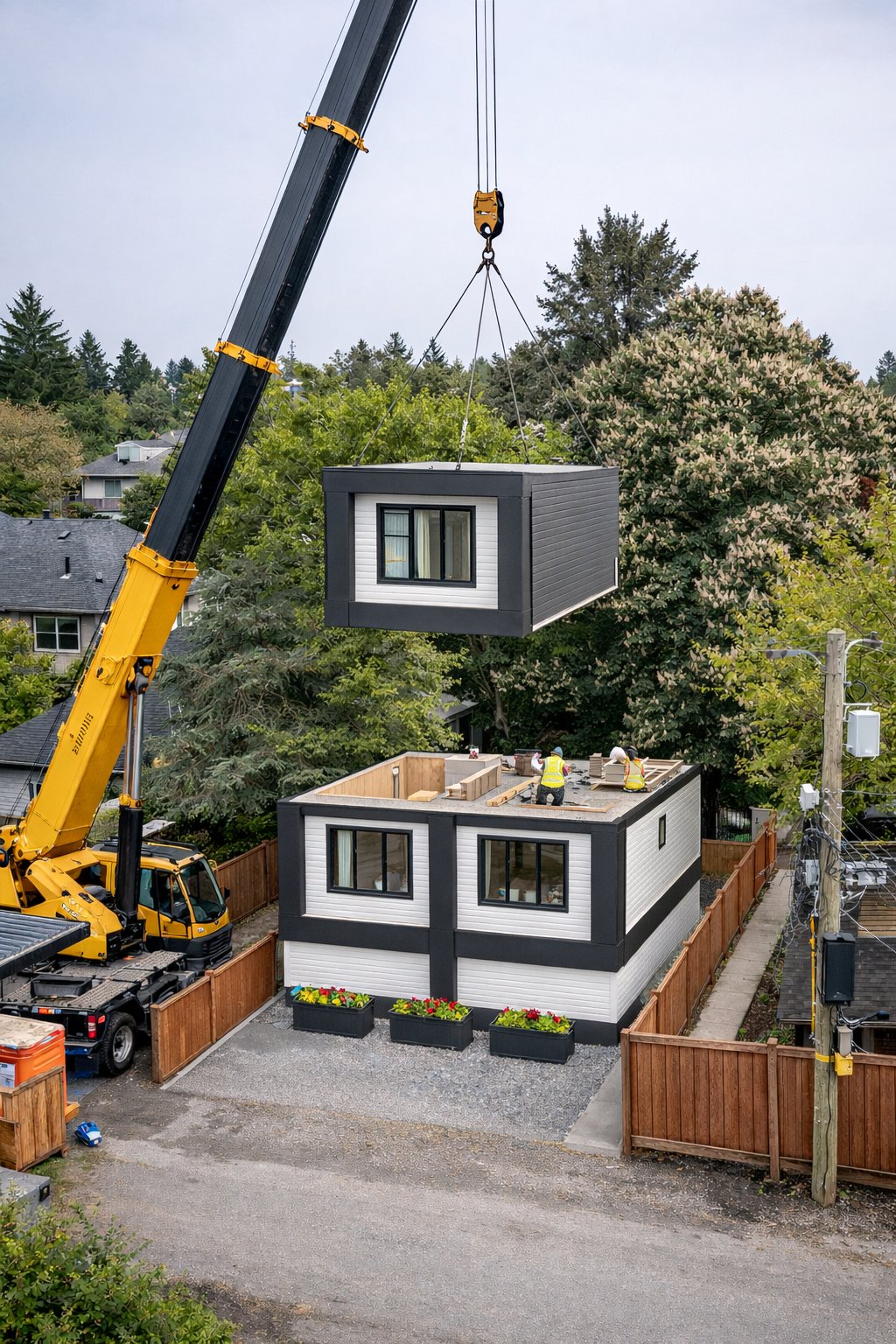 Modular duplex unit being craned into place during installation