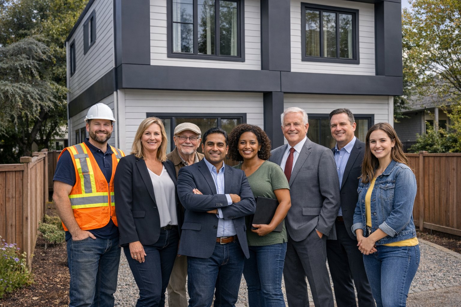 Diverse group of partners including city planners, architects, construction workers, and community volunteers collaborating on housing solutions