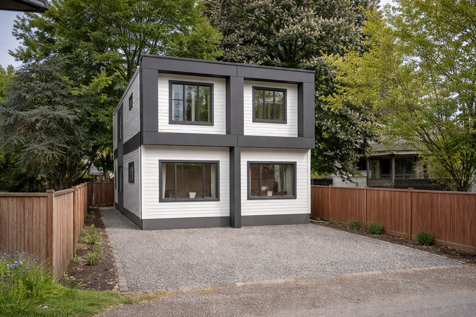 Completed relocatable duplex installed in East Vancouver neighbourhood